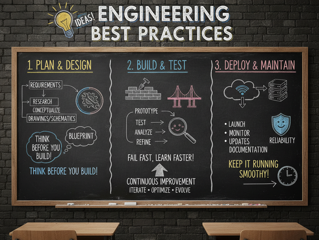 Using the following content, summarize the Engineering Best Practicesin a chalkboard-style, hand‑written look, and break it down with diagrams and easy‑to‑understand expressions as if a teacher had written it.